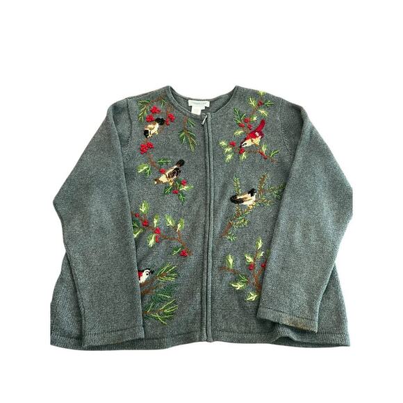 Coldwater Creek Embroidered Bird Berry Full Zip Up Cardigan Sweater Size 1X - Picture 1 of 7
